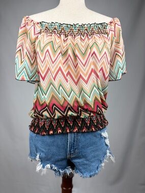 Wrapper Chevron Boho Blouse Off Shoulder Smocked Waist Top Medium